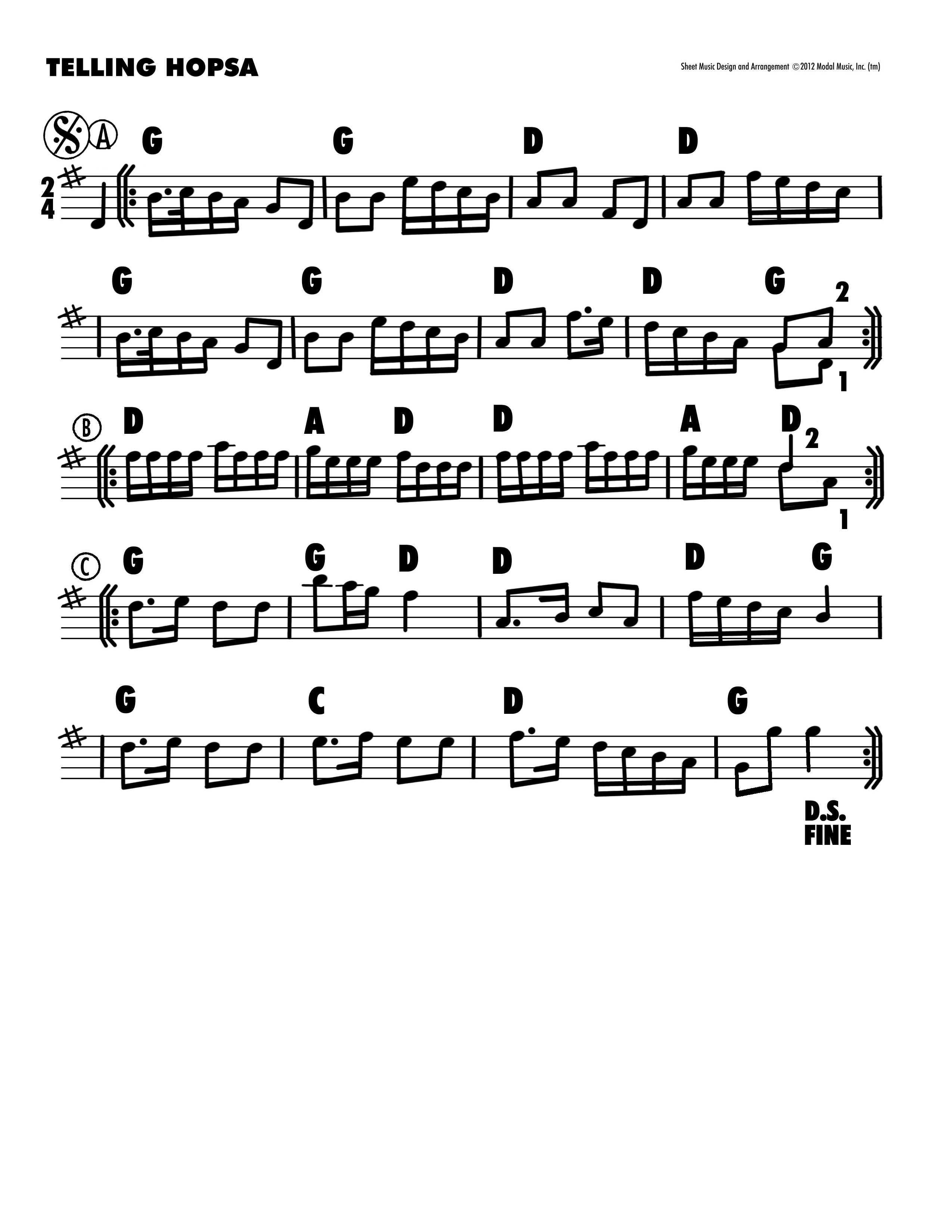 Image of sheet music of Telling Hopsa that accompanies the Jutta & the Hi-Dukes (tm) presentation at Paul Tyler’s Fiddle Club. Click on link to download.
